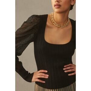 Anthropologie Black Ribbed Puff Sleeve Scoop Neck Blouse Women's size Medium